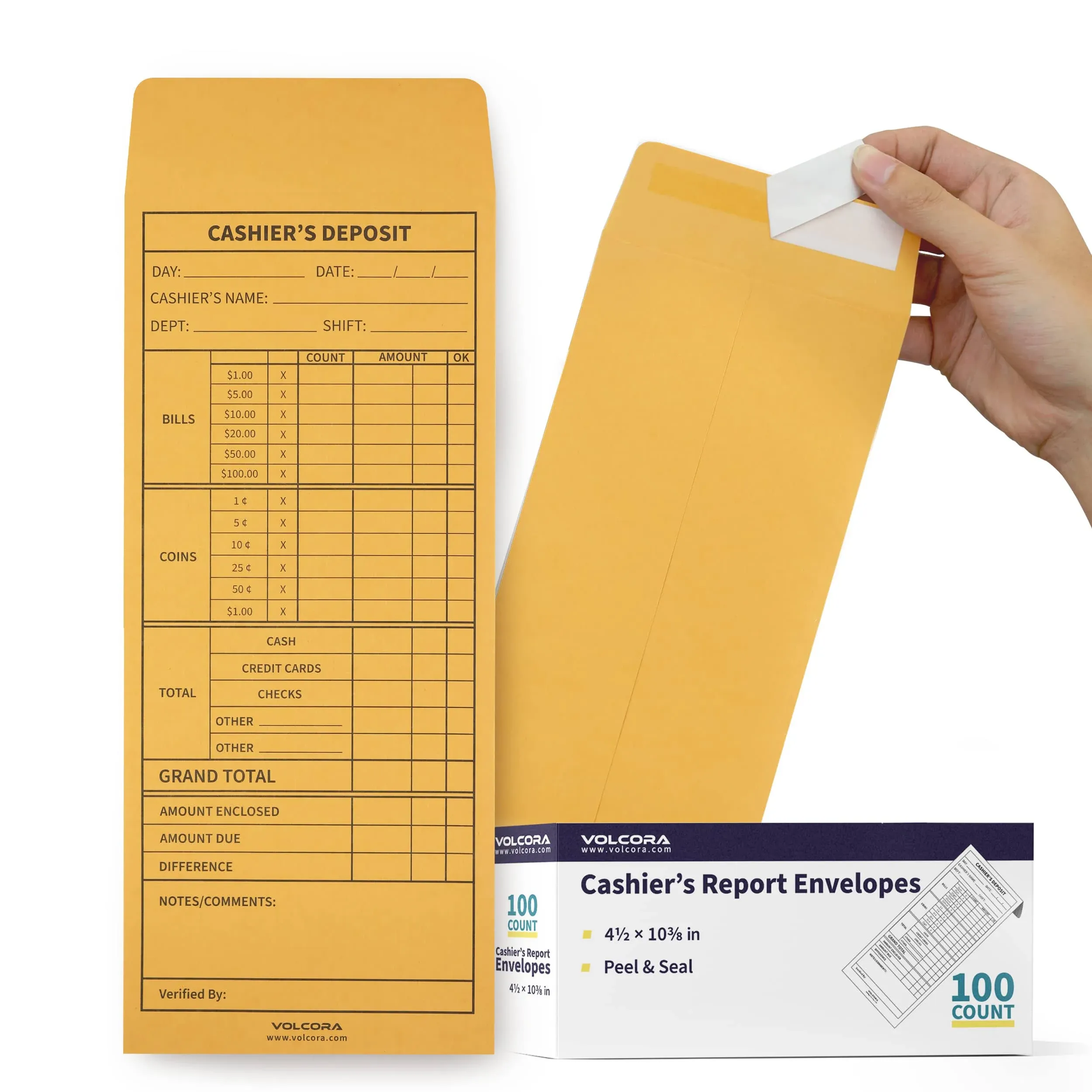 Volcora 100 Pack Cashier Envelopes, Cash Deposit Envelopes, Self Adhesive Cash Envelopes, Money Envelopes, Brown Kraft Bank Deposit Slips for Retailers, Restaurants, Small Businesses, Stores