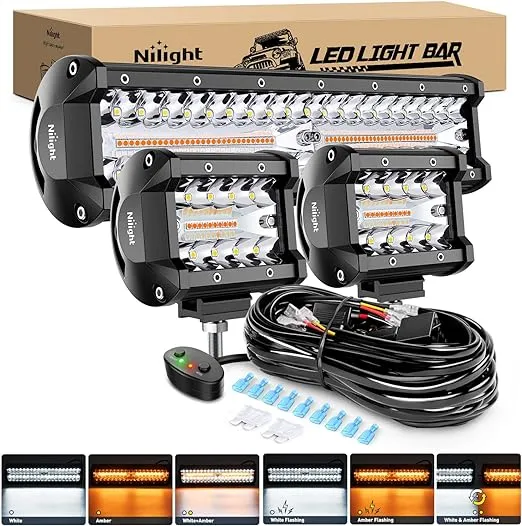 Nilight 12inch 300W LED Light Bar 2pcs 4inch 60W Light Pods Amber White Strobe 6 ...