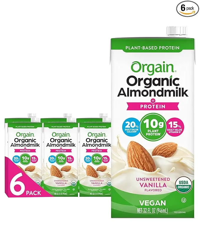 Orgain Organic Vegan Protein Almond Milk, Unsweetened Vanilla - 10g Plant Protein, Vitamin D & Calcium, No Lactose, Dairy & Soy Ingredients, Gluten Free, No Sugar Added, 32 Fl Oz (Pack of 6)