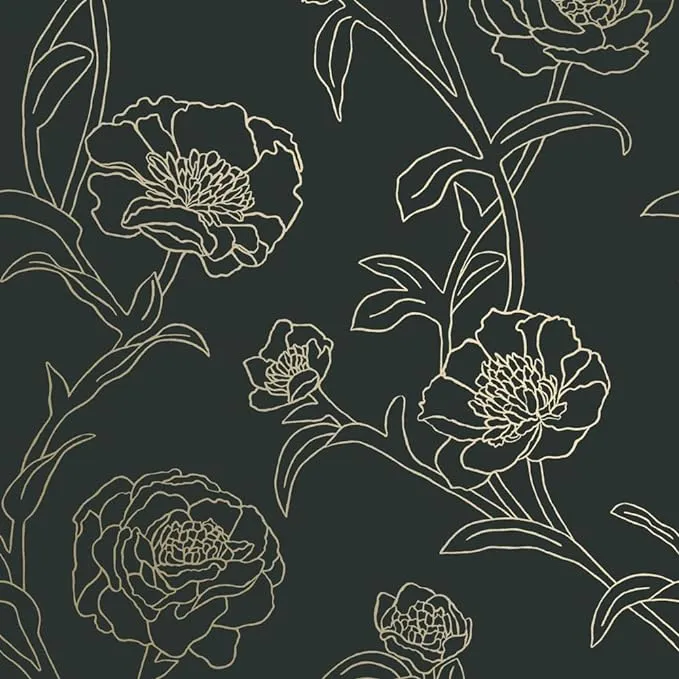 Peonies Peel and Stick Wallpaper - Black & Gold/Single Roll