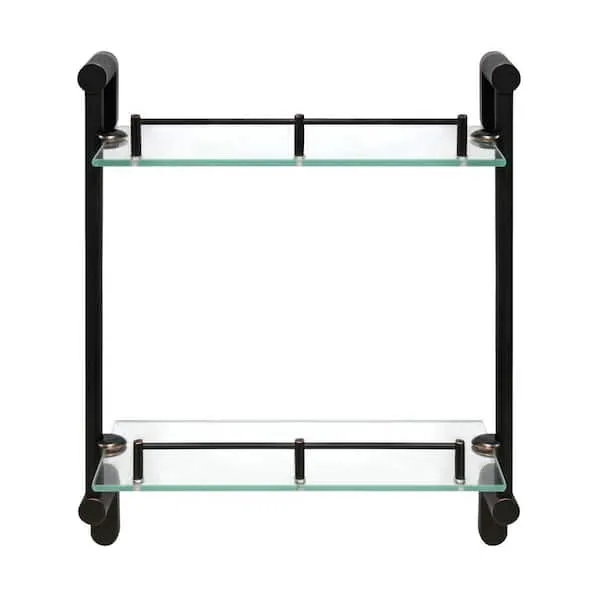 Oval Double Glass Wall Shelf with Rail - Rubbed Bronze