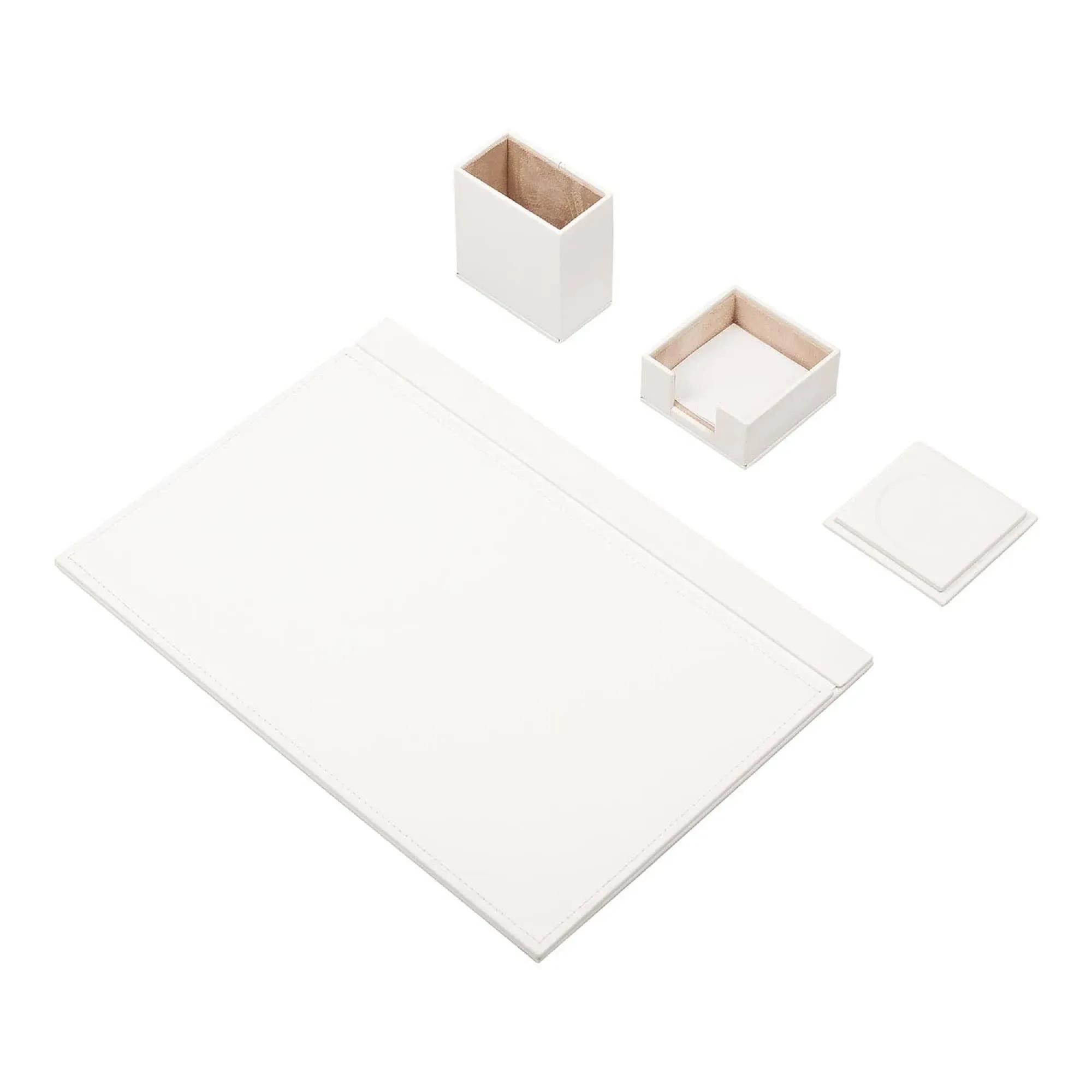 MOOGCO Moog White Leather Desk Set - Desk Pad - Note Paper Holder -Pen Holder ...