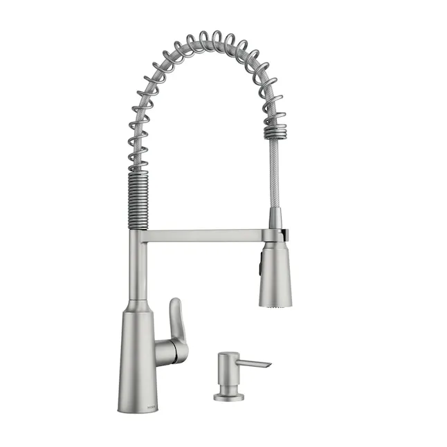 Moen Edwyn Pre-Rinse Spring Spot Resist Stainless Single Handle Pull-down Kitchen Faucet with Deck Plate and Soap Dispenser Included