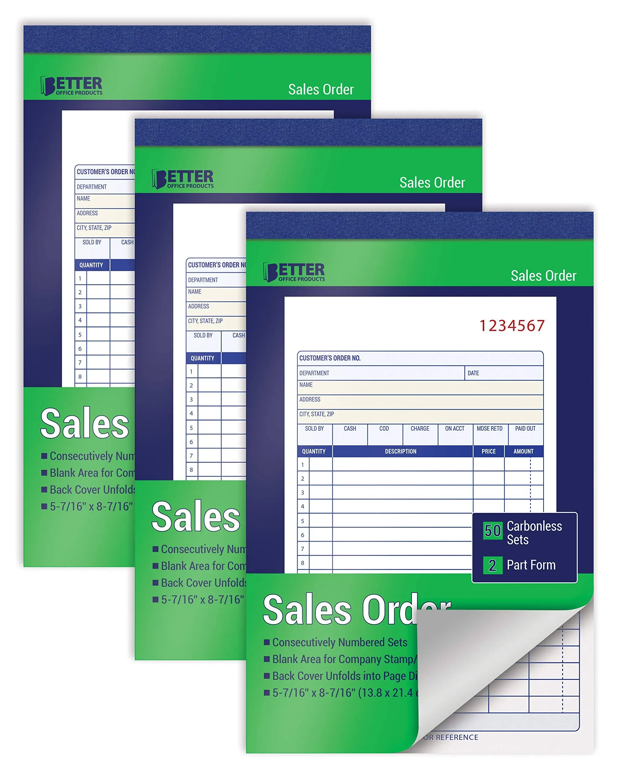 Better Office 2-Part Carbonless Sales Order Book, 5.44" x 8.44", 50 Sets/Book, 3 Books/Pack (66103-3PK)