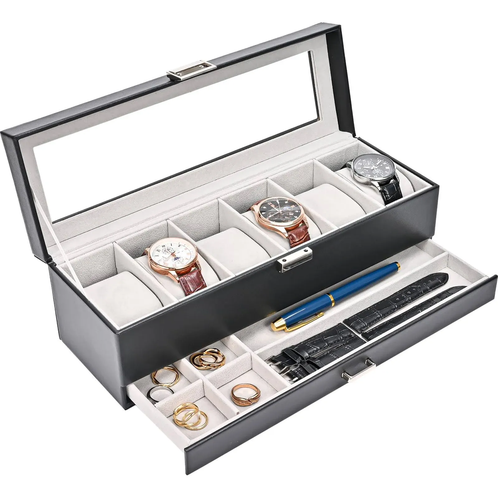 Watch Box Organizer for Men, 6 Slot Watch Display Case with Drawer, Mens Watch B