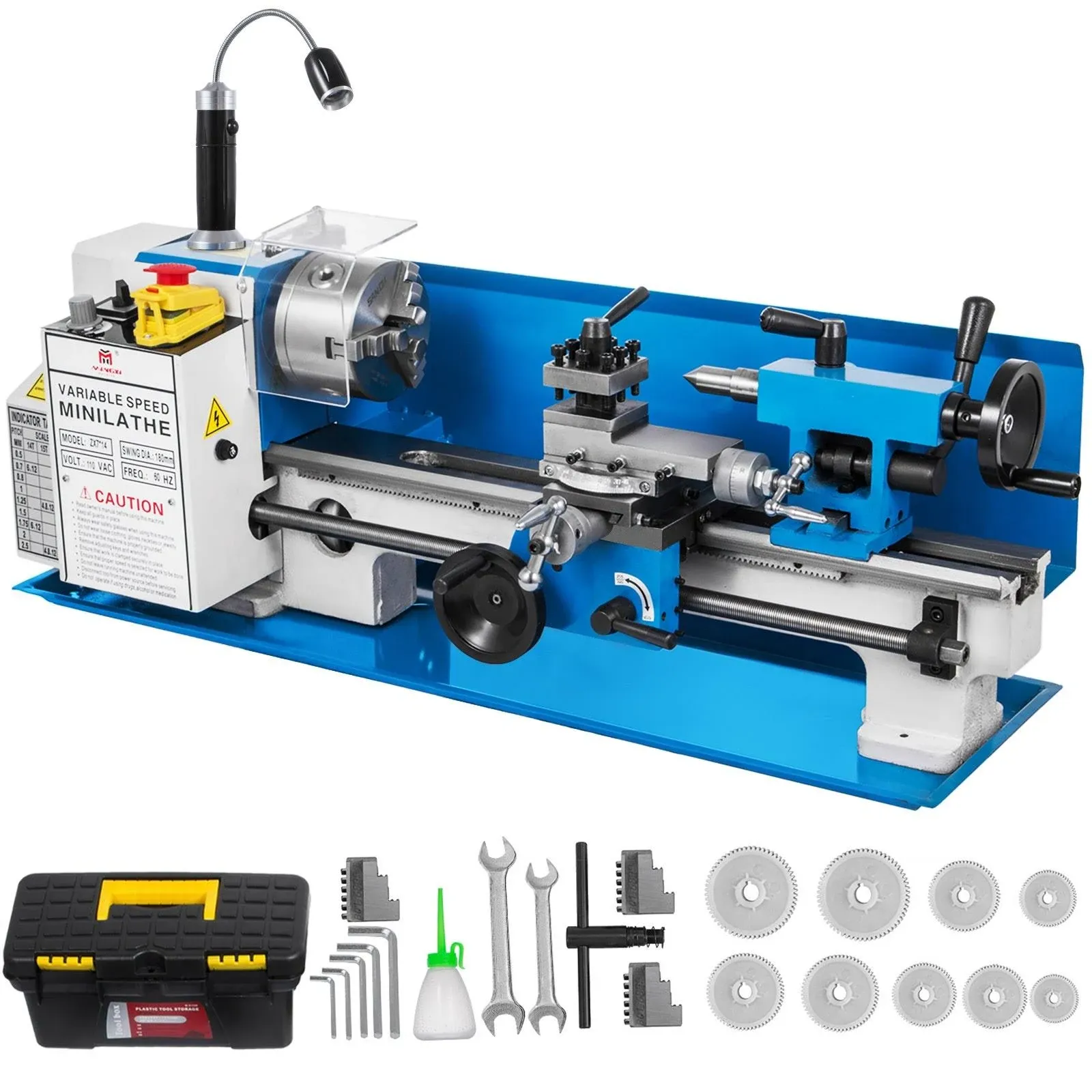 VEVOR Metal Lathe 7x14inch Precision Bench Top Mini Metal Lathe 550W Precision Metal Lathe Variable Speed 50-2500 RPM Nylon Gear with A Movable Lamp