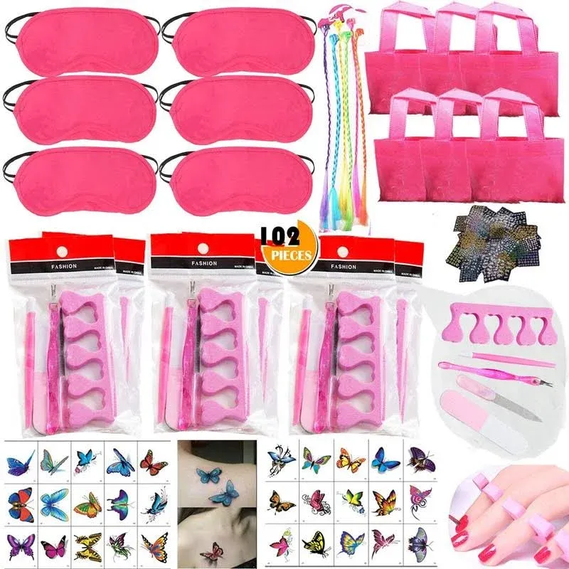 102PCS Spa Party Favors for Girls Women Multiple Spa Supplies Bday Gift - Spa Masks Tote Bags Colored Hair Extensions Body Butterfly Mixed Nail Decal Set Nail File Toe Separator and More Nail Care Kit