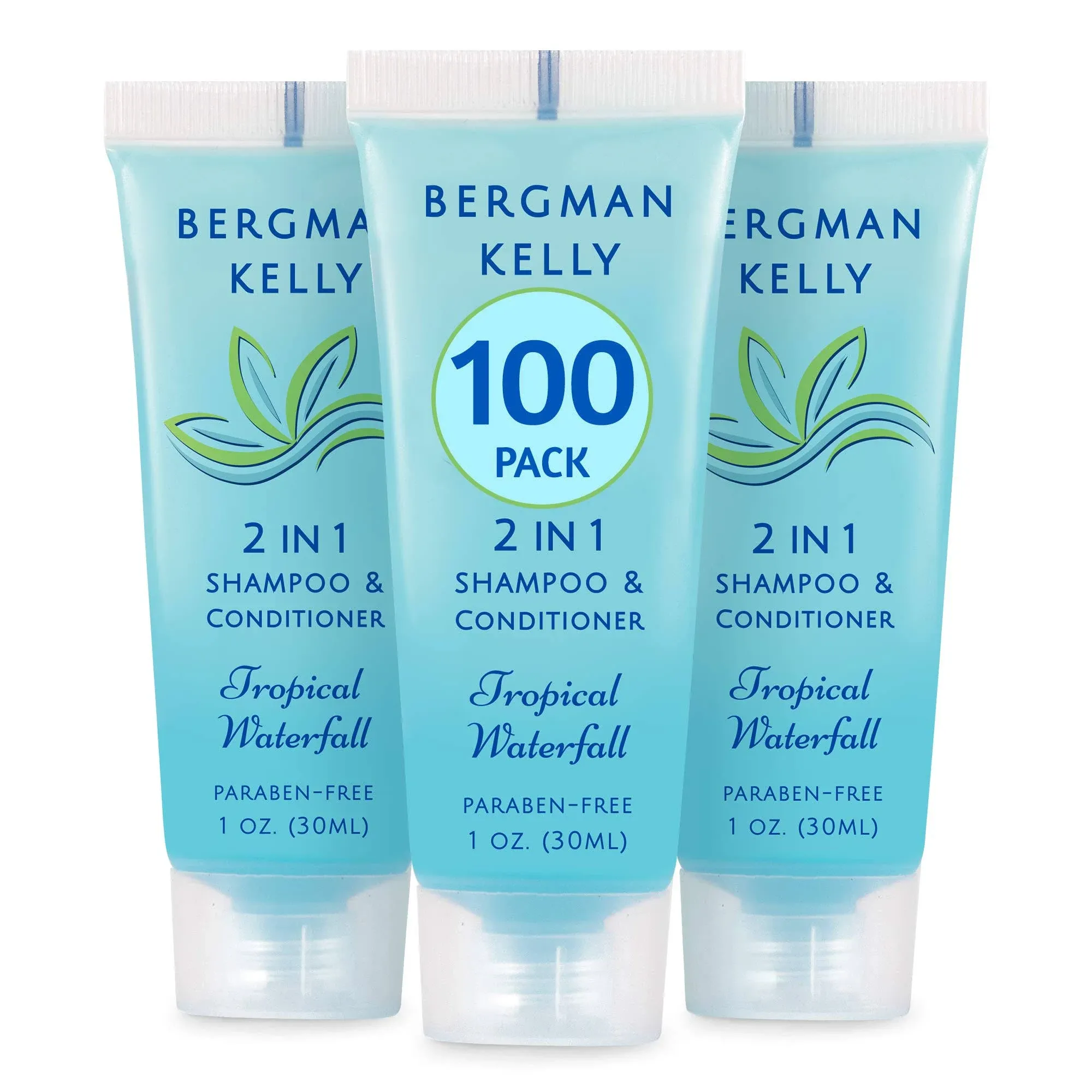 Bergman Kelly - Travel Size 2 in 1 Shampoo & Conditioner - 1 fl oz, 100 PK, Tropical Waterfall - Delight Your Guests w/Invigorating & Refreshing Shampoo Amenities - Small Hotel Toiletries in Bulk