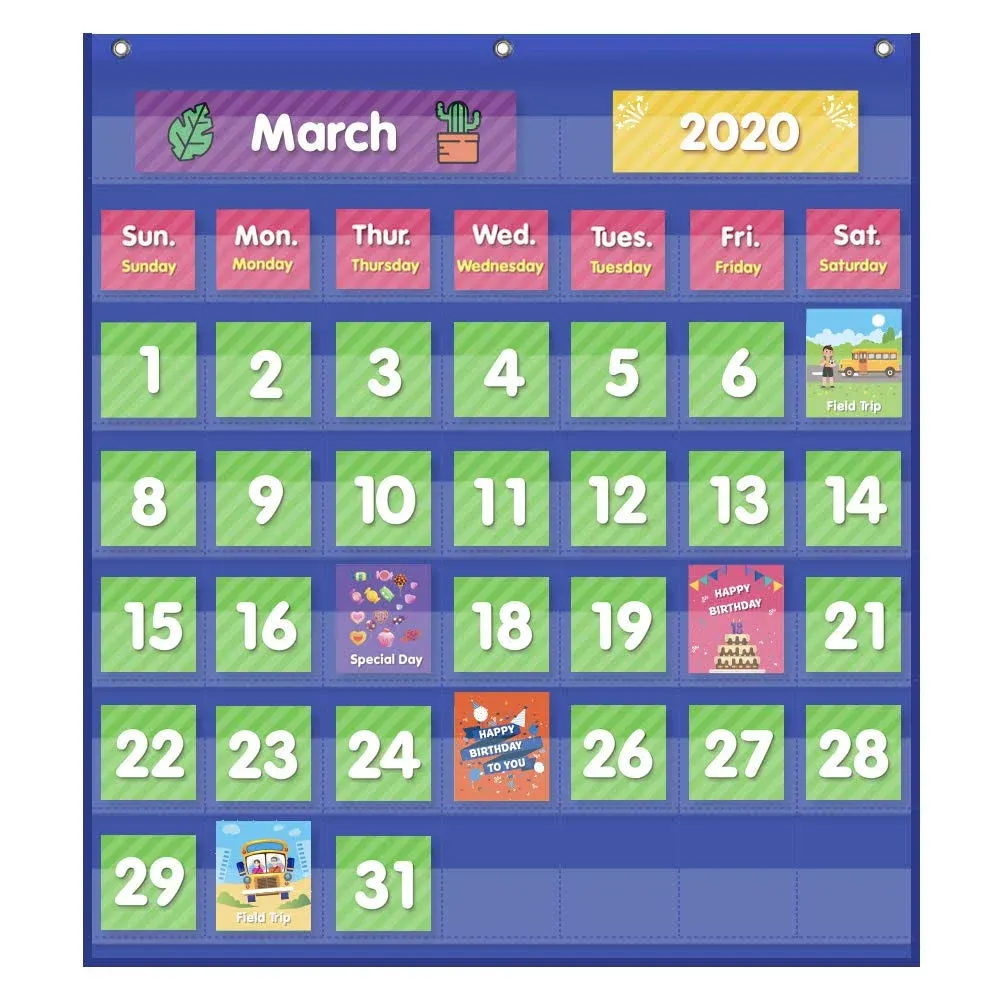 EAMAY Classroom Monthly Calendar Pocket Chart with 71 Cards for Kids Learning for Home,Blue