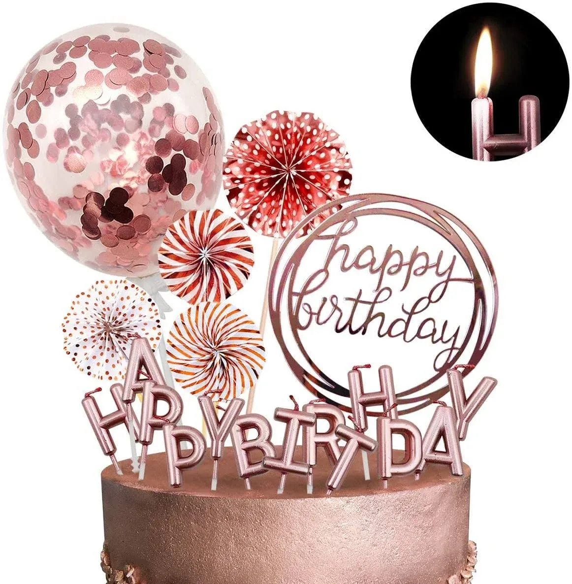 MOVINPE Rose Gold Cake Topper Decoration with Happy Birthday Candles Happy Birthday Banner Confetti Balloon Paper Fans for Rose Gold Theme Party