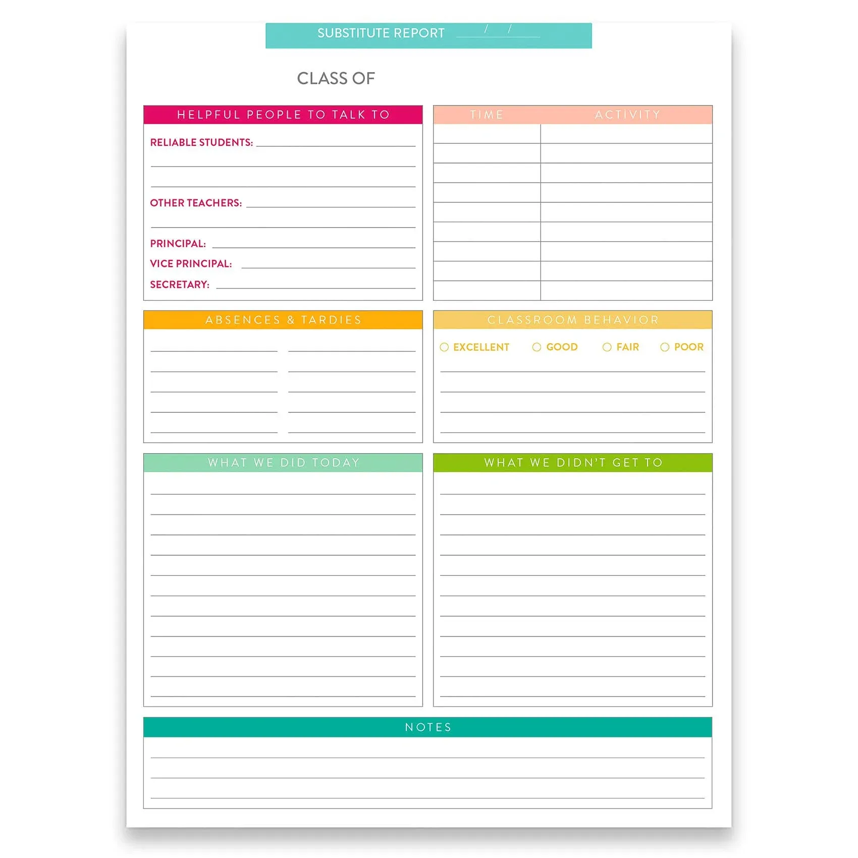 Erin Condren substitute Teacher Notepad - Preprinted substitute Teacher Log ...