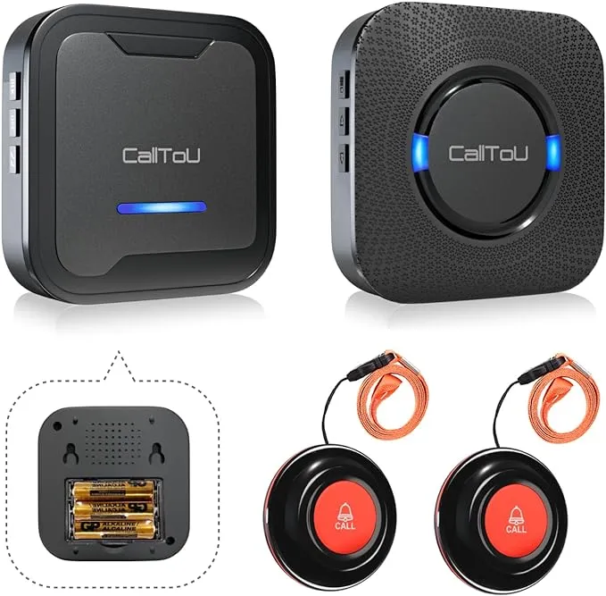 CallToU Wireless Caregiver Pager Call Button Nurse Calling Alert System Call Bell Elderly Patient Disabled with 2 Transmitters 1 Plug-in Receiver 1 Battery Portable Receiver