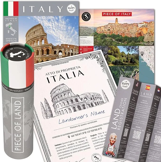 happylandgifts® Real Piece of Land - Italy for Family and Friends | Personalized Land Owner's Certificate |Italian Gifts | Rome