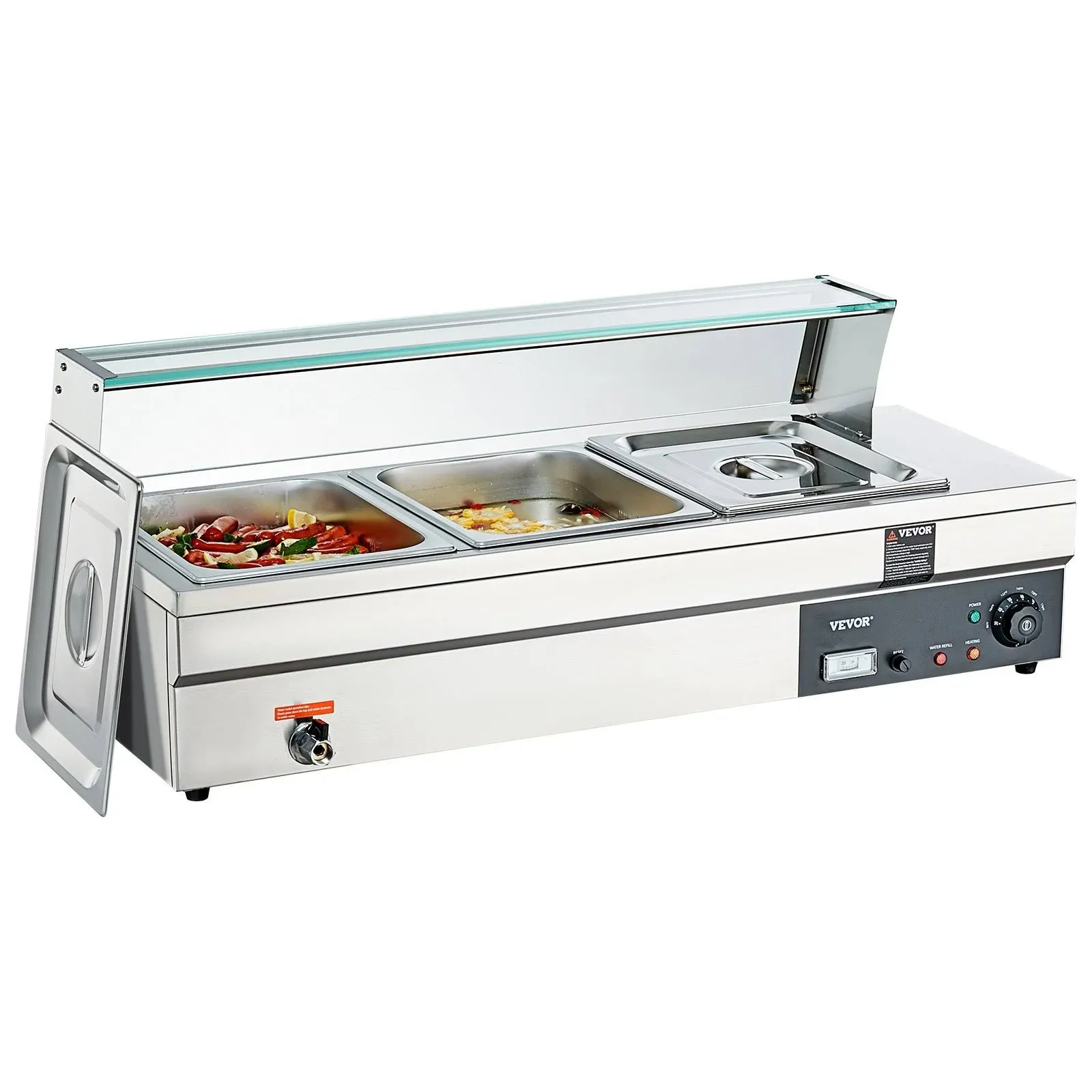 VEVOR 3-Pan Commercial Food Warmer 3 x 12QT Electric Steam Table with Tempered Glass Cover