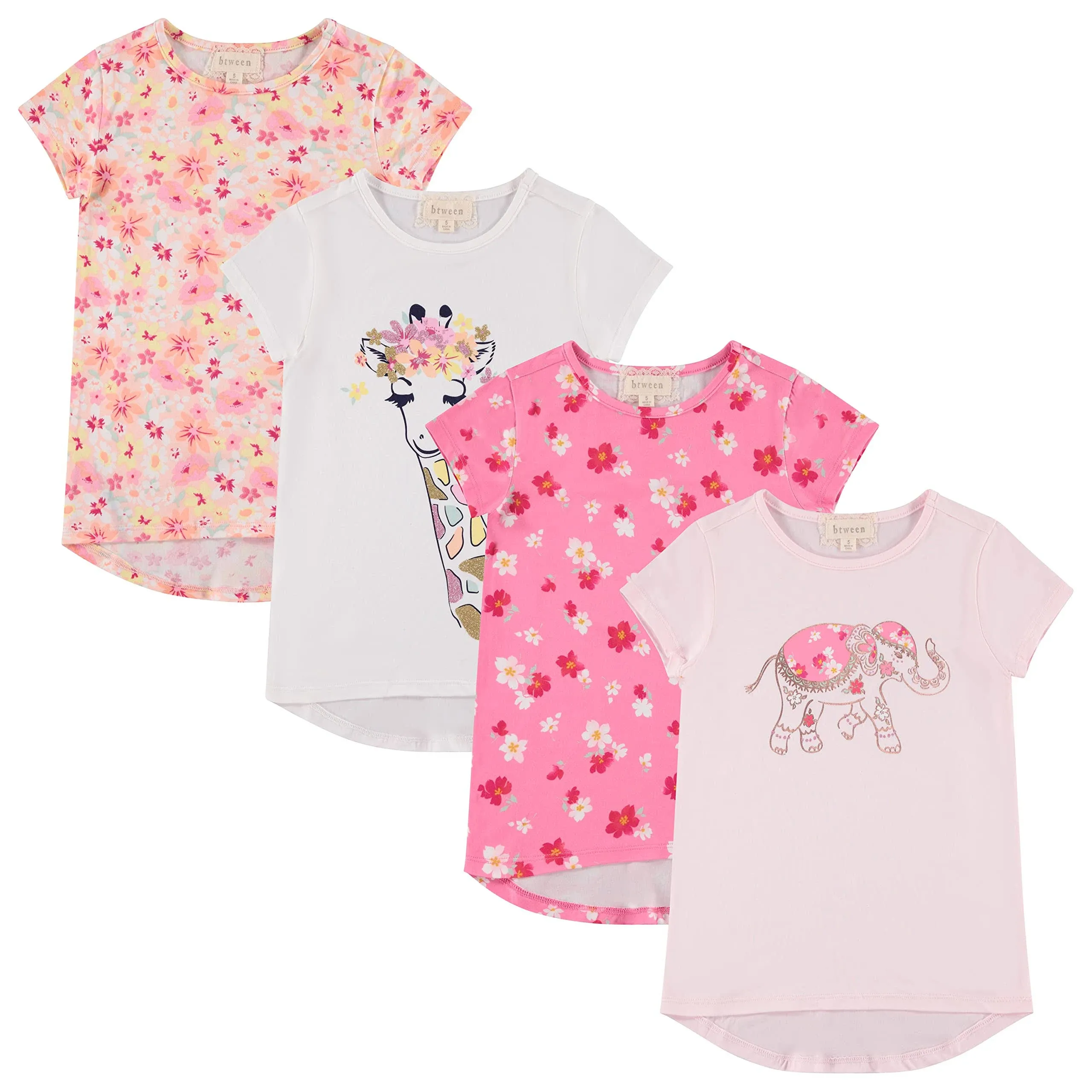 Btween Girls 4-Piece Summer Tops | Fashionable Short Sleeve T-Shirt | Casual Daily Shirt for Kids - Assorted Colors