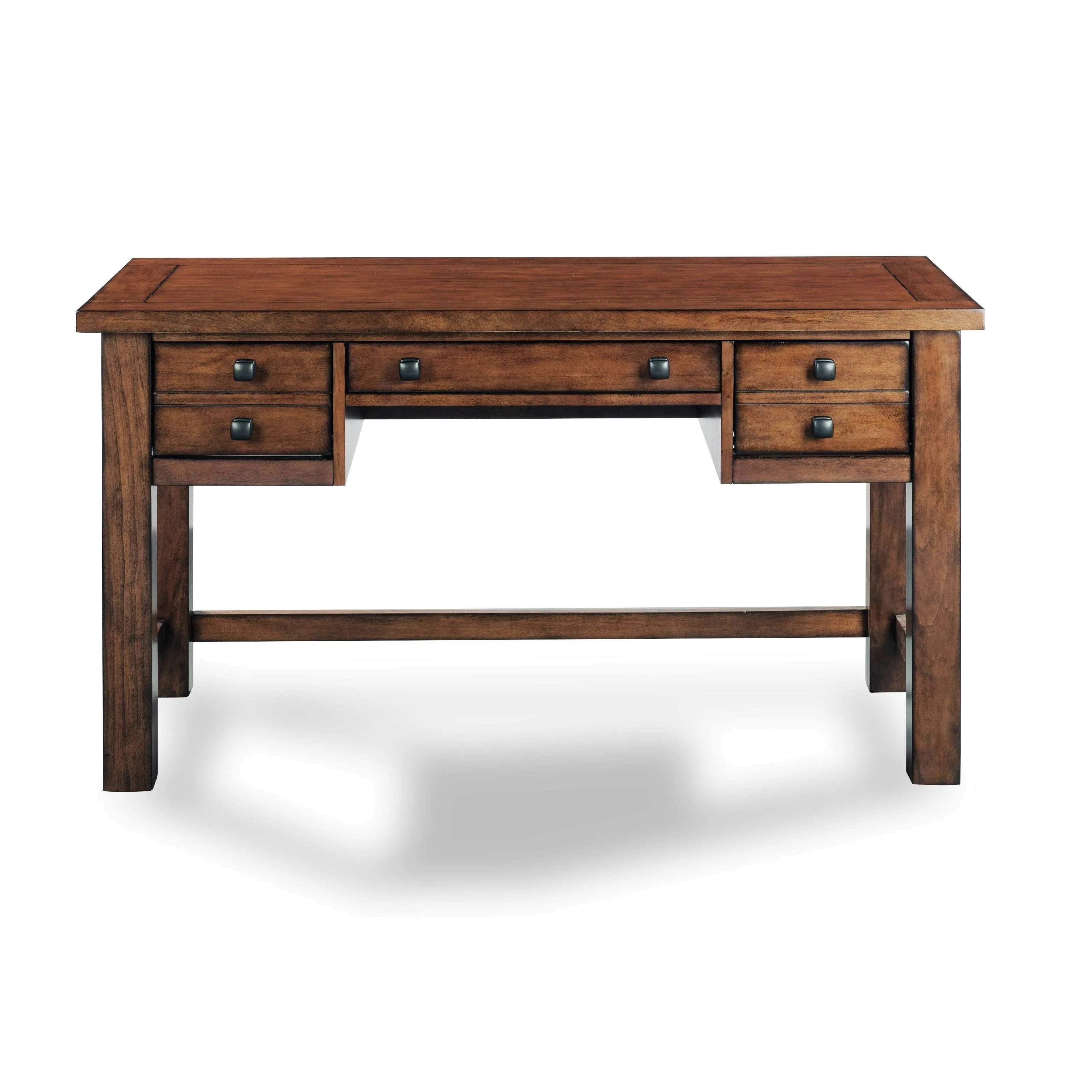 Home Styles Tahoe Aged Maple Executive Writing Desk with Two Accessory Drawers on Each Side, Drop-Down Center Drawer, Keyboard Tray, and Antiqued Bronze Pulls,Brown