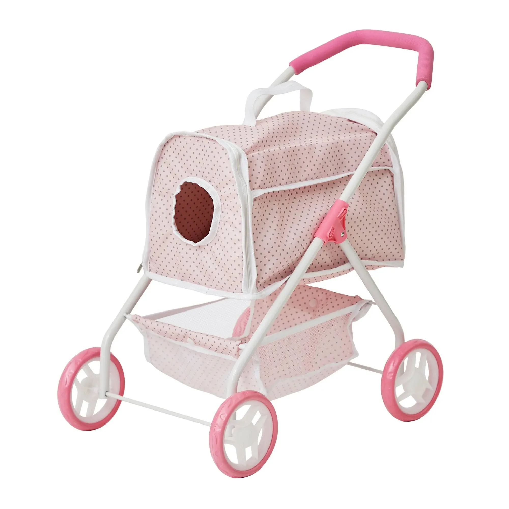 Olivia's Little World Polka Dots Princess Doll Animal Stroller with Detachable Toy Pet Carrier - Pet Doll Pram for 3 yrs and Up - Pink/Gray