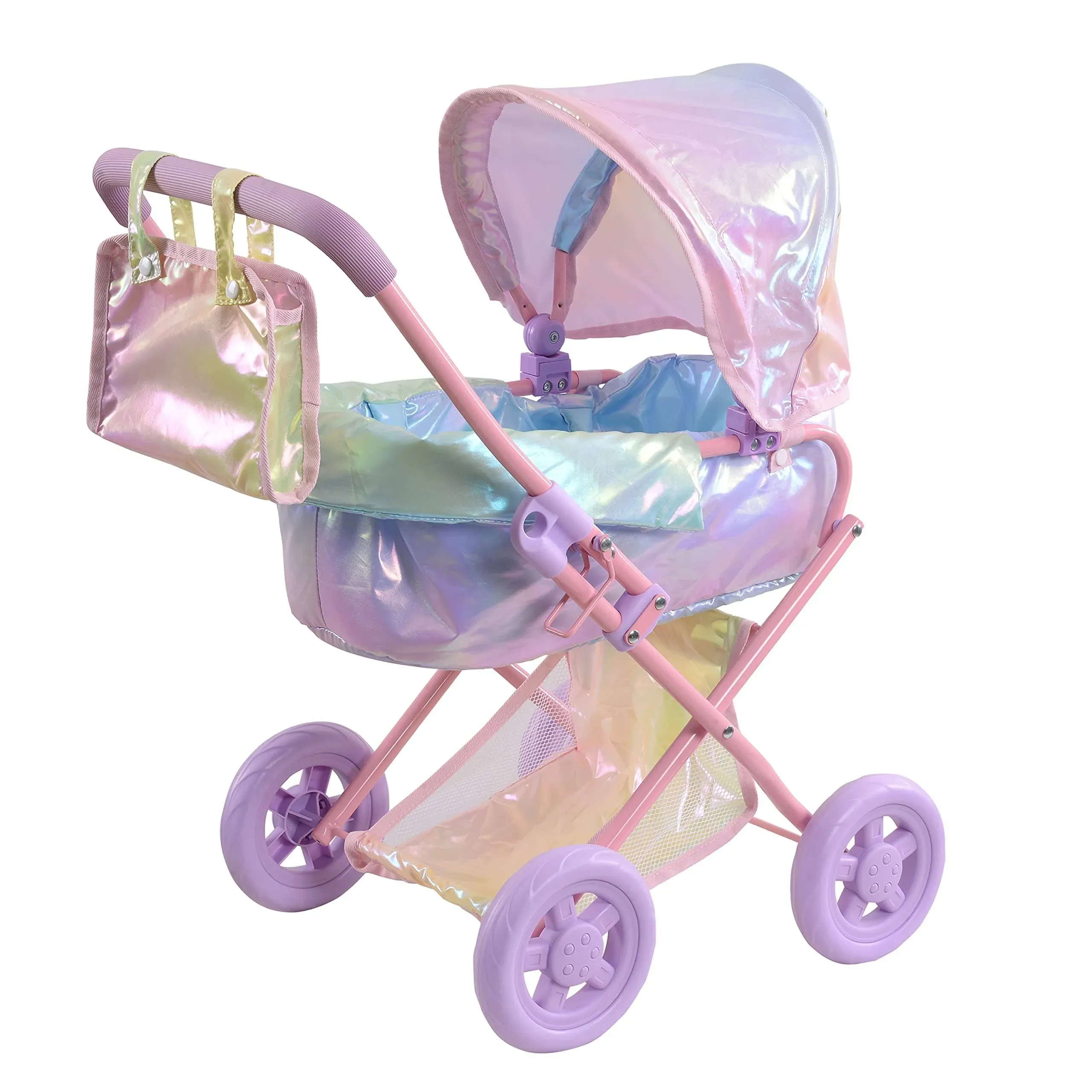 Olivia’s Little World - Baby Doll Bassinet Stroller, Baby Doll Pram Stroller Buggy for 3 Year Old Girls Toddlers, 2 in 1 Deluxe Doll Stroller for up to 16" Dolls, Toy Baby Stroller - Iridescent Color