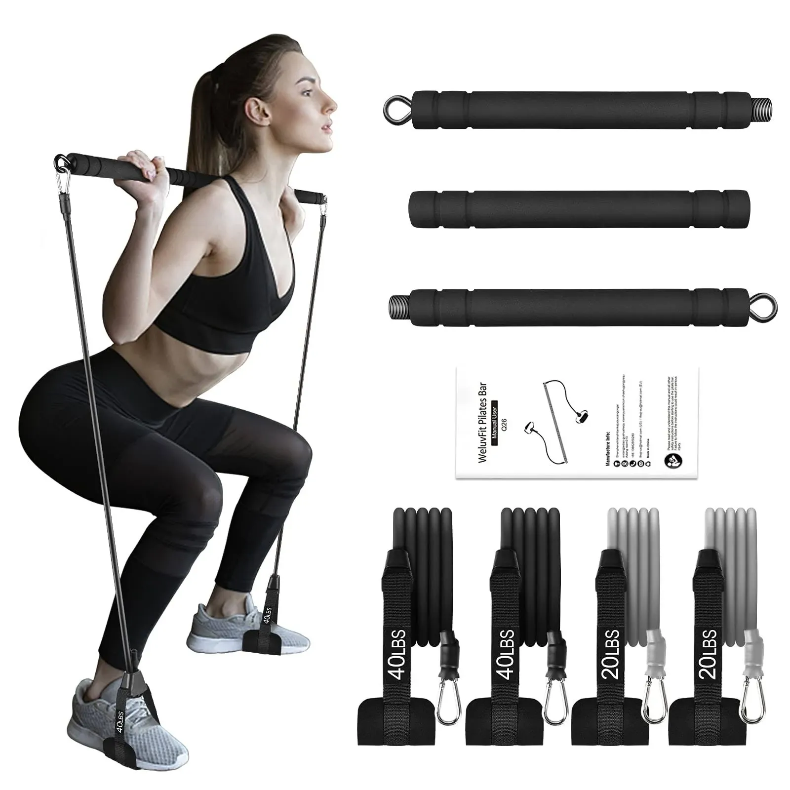 Weluvfit Pilates Bar Kit with Resistance Bands, Exercise Fitness Equipment for ...