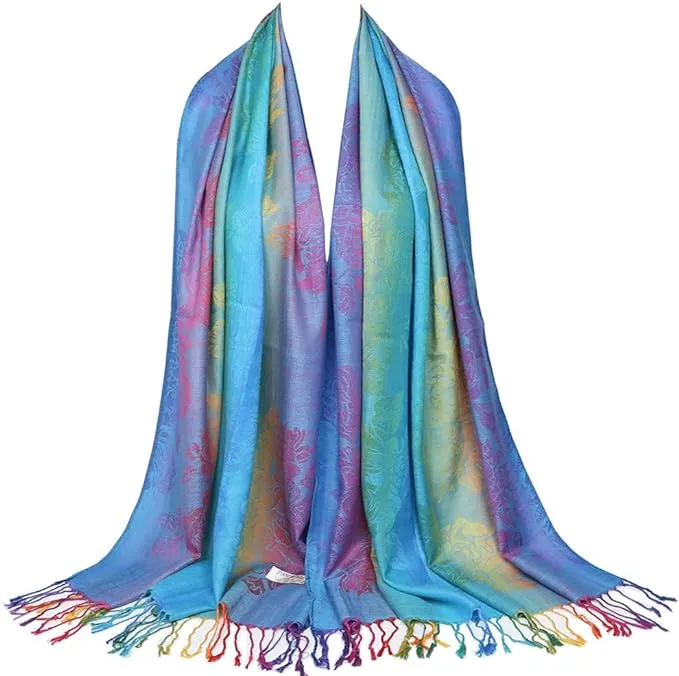 Neelamvar Colorful Flowers Jacquard Cotton Pashmina Women Wrap Shawl Tassels Scarves