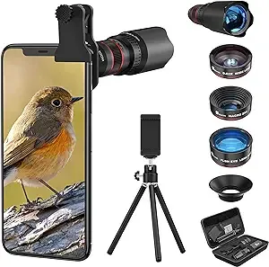 Selvim Phone Camera Lens Phone Lens Kit 4 in 1, 22X Telephoto Lens, 235° Fisheye Lens, 0.62X Wide Angle Lens, 25X Macro Lens, Compatible with iPhone 7 8 11 pro max X XS XR Android Samsung