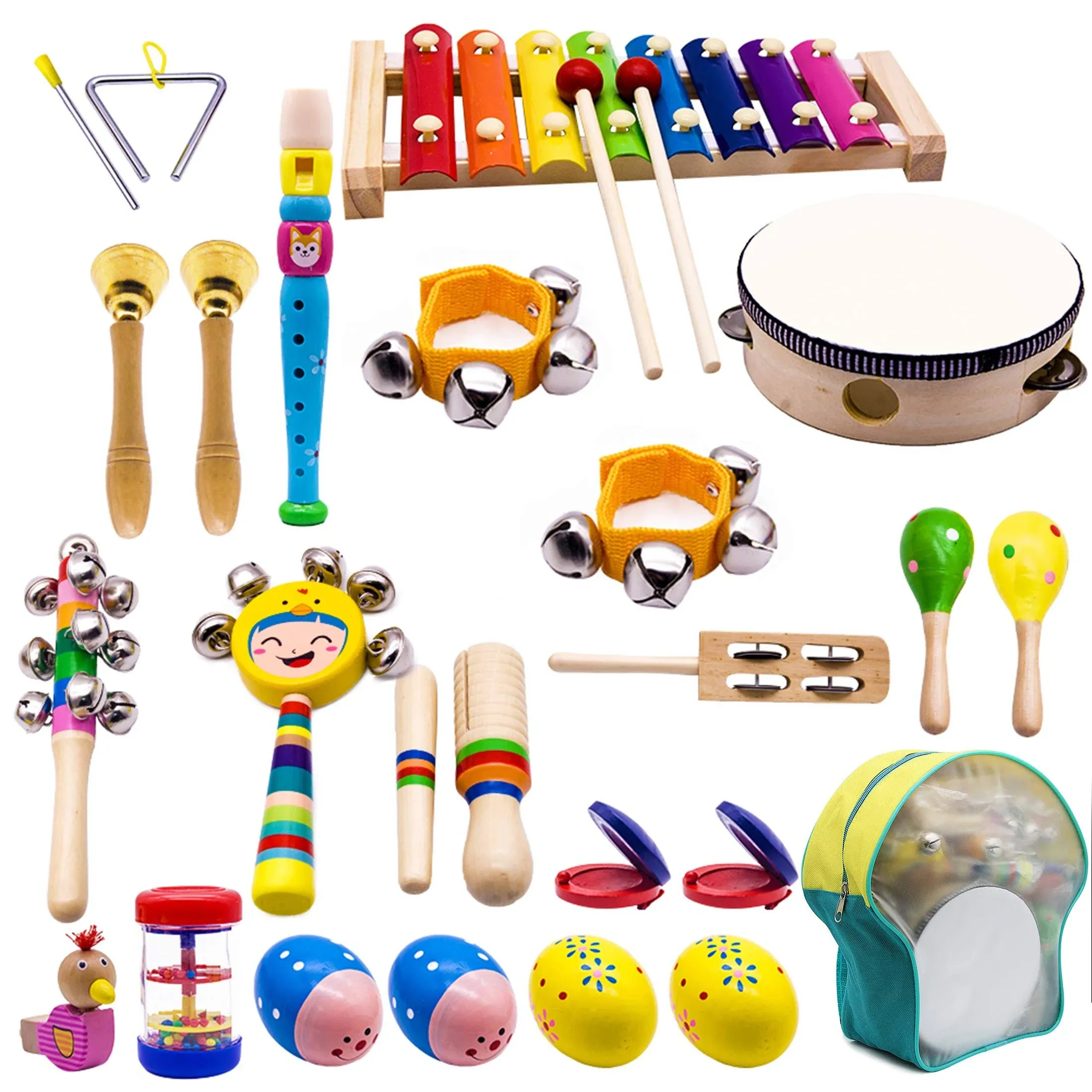 YOFITT ATDAWN Kids Musical Instruments, 15 Types 22pcs Wood Percussion Xylophone Toys for Boys and Girls Preschool Education with Storage Backpack