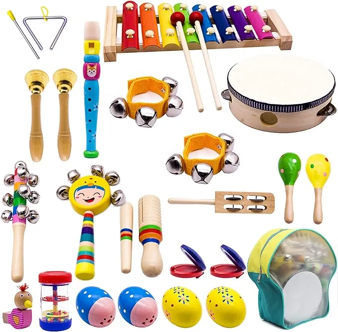 YOFITT ATDAWN Kids Musical Instruments, 15 Types 22pcs Wood Percussion Xylophone Toys for Boys and Girls Preschool Education with Storage Backpack