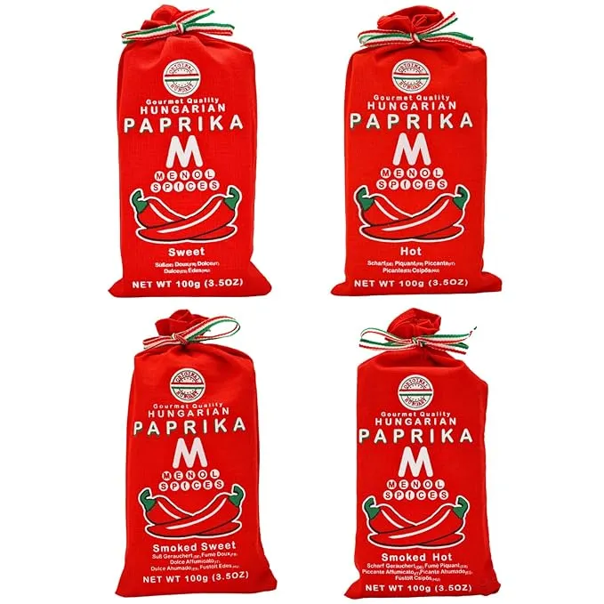 Menol Spices Authentic Hungarian Sweet Paprika Powder (Variety Pack, 4X 100g) Premium Gourmet Quality, Produced in Region of Szeged, Hungary, Vibrant Red, Incredible Flavor