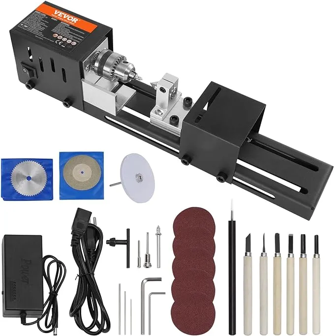 VEVOR Mini Lathe Machine, 2.76 in x 6.3 in, 24VDC 96W Mini Wood Lathe Tools Milling Machine Accessories, 7 Speeds 4220/5300/5650/6350/6660/7050/8450 RPM, for DIY Woodworking Wood Drill Rotary Tool