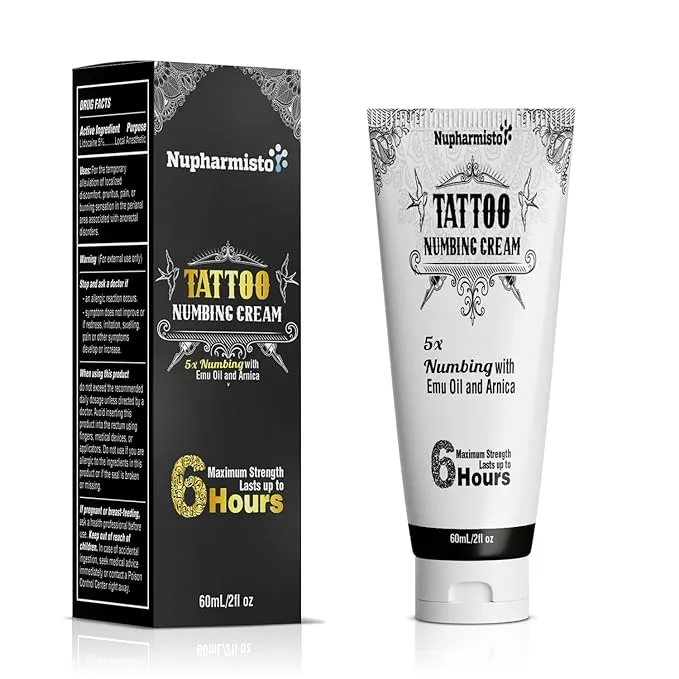 Nupharmisto 6 Hours Maximum Strength Numbing Cream Tattoo (2oz/ 60ml), Painless Tattoo Numbing Cream, Numbing Cream for Tattoos Extra Strength with 5