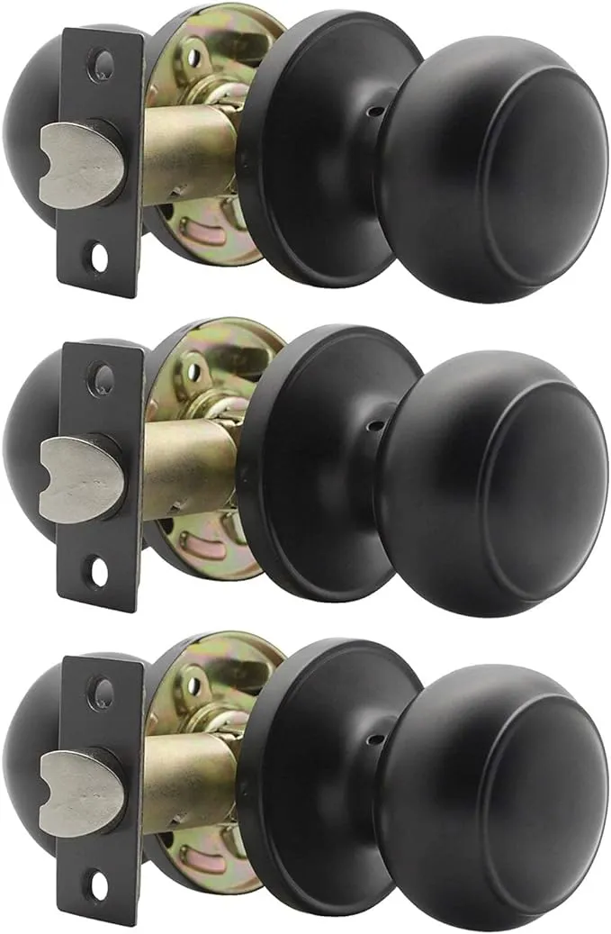 Probrico Hall/Closet Door Knobs in Matte Black Finish, Interior Round Passage Door Knobs Non-Locking Door Handles,3 Pack