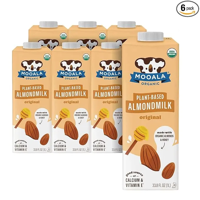 Mooala Organic Almondmilk, 33.8 fl oz (Pack of 6) Shelf-Stable, Non-Dairy, Gluten ...