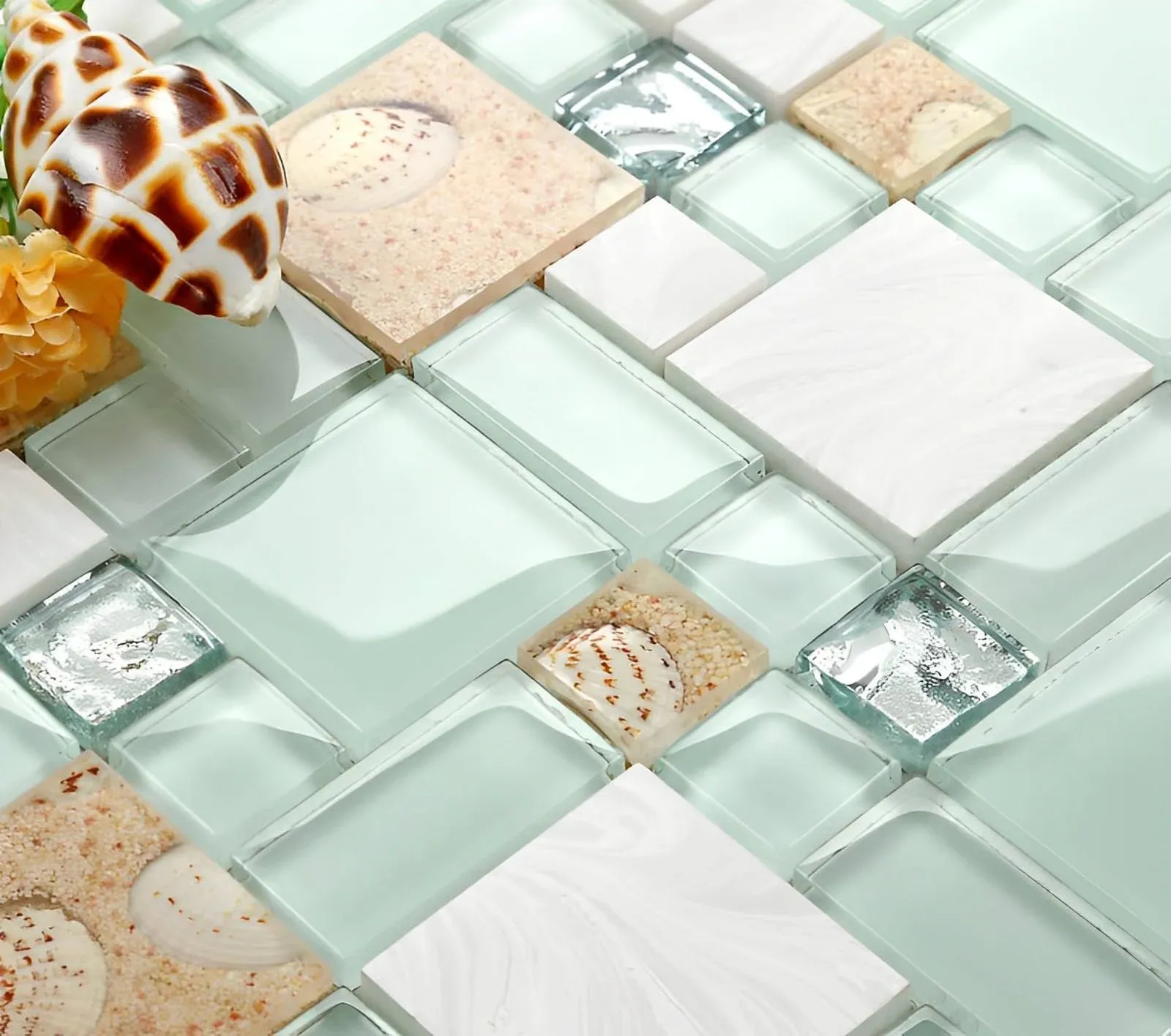 Hominter 5-Sheets Lake Green Glass and White Stone Mosaic, Conch Shell Tile Magic Patterns, Perfect for Kitchen Backsplash and Bathroom Shower and Accent Wall NB02