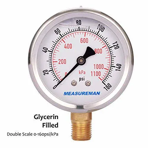 MEASUREMAN 2-1/2inch Dial size, Oil Filled Pressure Gauge, 0-160psi/kpa, 304 ...