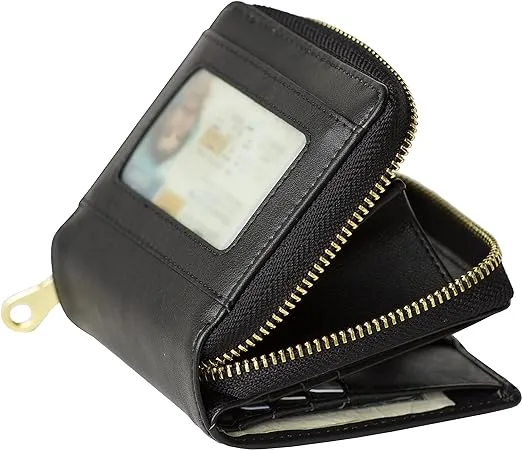 Women's Genuine Soft Leather Small Wallet Zip Coin Pocket with Scan Proof Walls for tap-to-pay Contactless Credit Card ID RFID Protection, Black