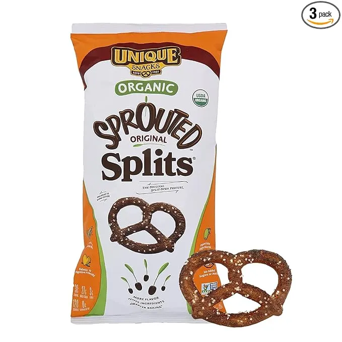 Unique Snacks Sprouted Splits Pretzels, Sprouted Pretzels, Delicious Homestyle Baked Snack Bag, ou Kosher, and Non-GMO Food, No Artificial Flavor, 8