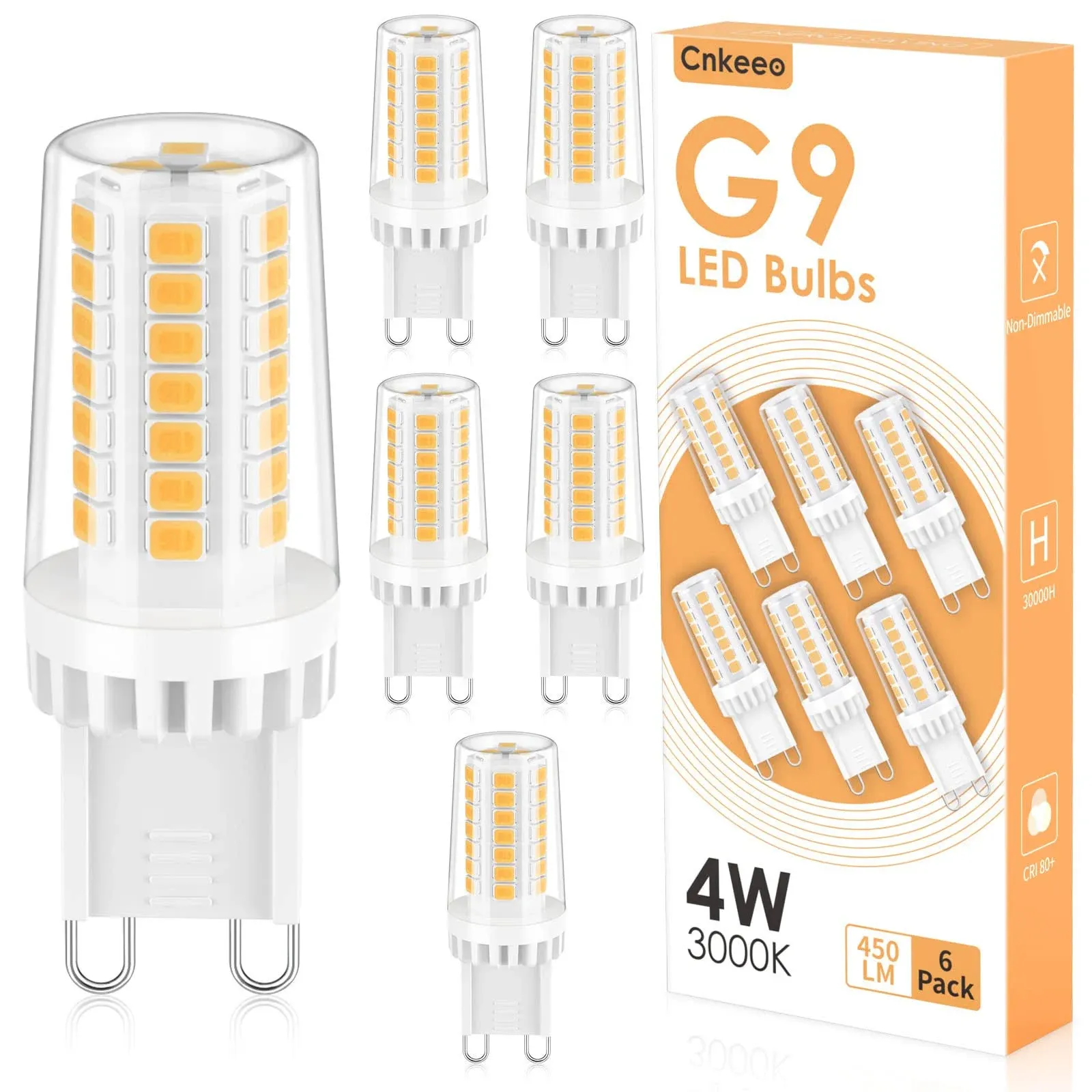 Cnkeeo G9 LED Bulb, 4W Daylight White 6000K, 450LM, 40W Halogen Equivalent, No Flicker, Non-Dimmable, 360°Beam Angle, Bi-pin Ceramic Base G9 Light Bulbs for Chandeliers Home Lighting, Pack of 6