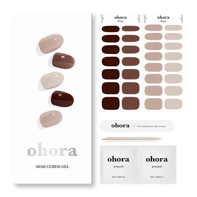 ohora Semi Cured Gel Nail Strips (N Roasting) - Brown, Solid, Works with Any UV/LED Nail Lamps, Salon-Quality, Long Lasting, Easy to Apply & Remove - Includes 2 Prep Pads, Nail File & Wooden Stick