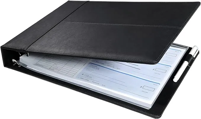 SUNEE 7 Ring Check Binder for Business Checks with Zipper Pouch, PU Leather Black Checkbook Binder Portfolio, 600 Checks