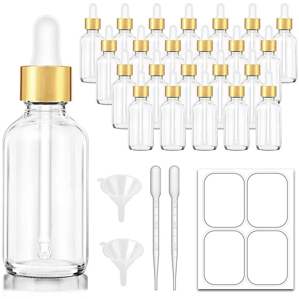 Bumobum 2 oz Dropper Bottle, Clear Glass Eye Dropper Bottles with Golden Top Cap for Essential Oils, 24 pack Tincture Bottle with Labels and Funnel