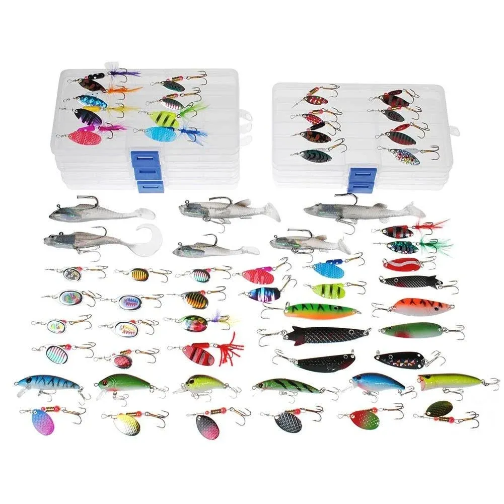 60pcs Fishing Lures Trout Spoon Metal Rooster Tail Spinner Baits Bass Tackle