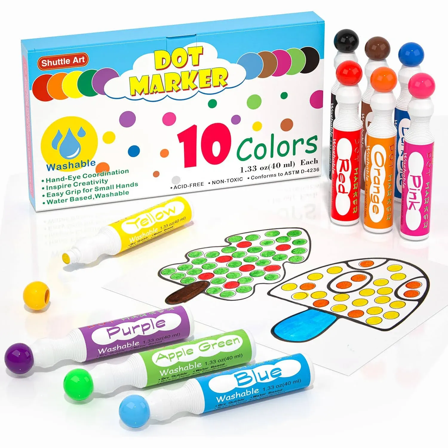 Shuttle Art Dot Markers, 10 Colors Bingo Daubers with Dot Coloring Book for Toddler Art Activities, Non-Toxic Washable Coloring Markers for Preschool Kids Learning Educational Supplies