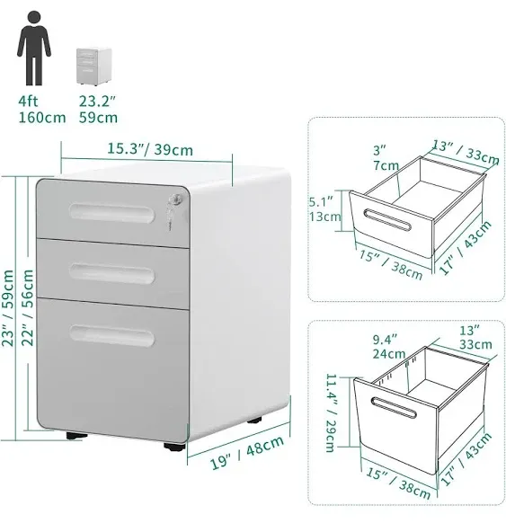 YITAHOME 3-Drawer Rolling File Cabinet, Metal Mobile File Cabinet with Lock, Filing Cabinet Under Desk Fits Legal/A4 Size for Home/Office, Fully