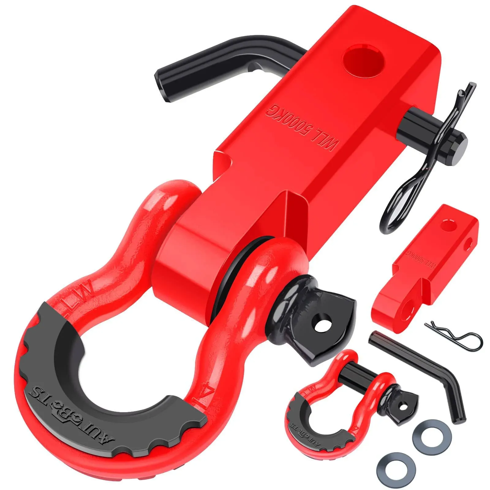 AUTOBOTS Shackle Hitch Receiver 2", 45,000 Lbs Break Strength Heavy Duty Receiver with 5/8" Screw Pin, 3/4" D Ring Shackles, Towing Accessories for Vehicle Recovery Off-Road, Red&Red