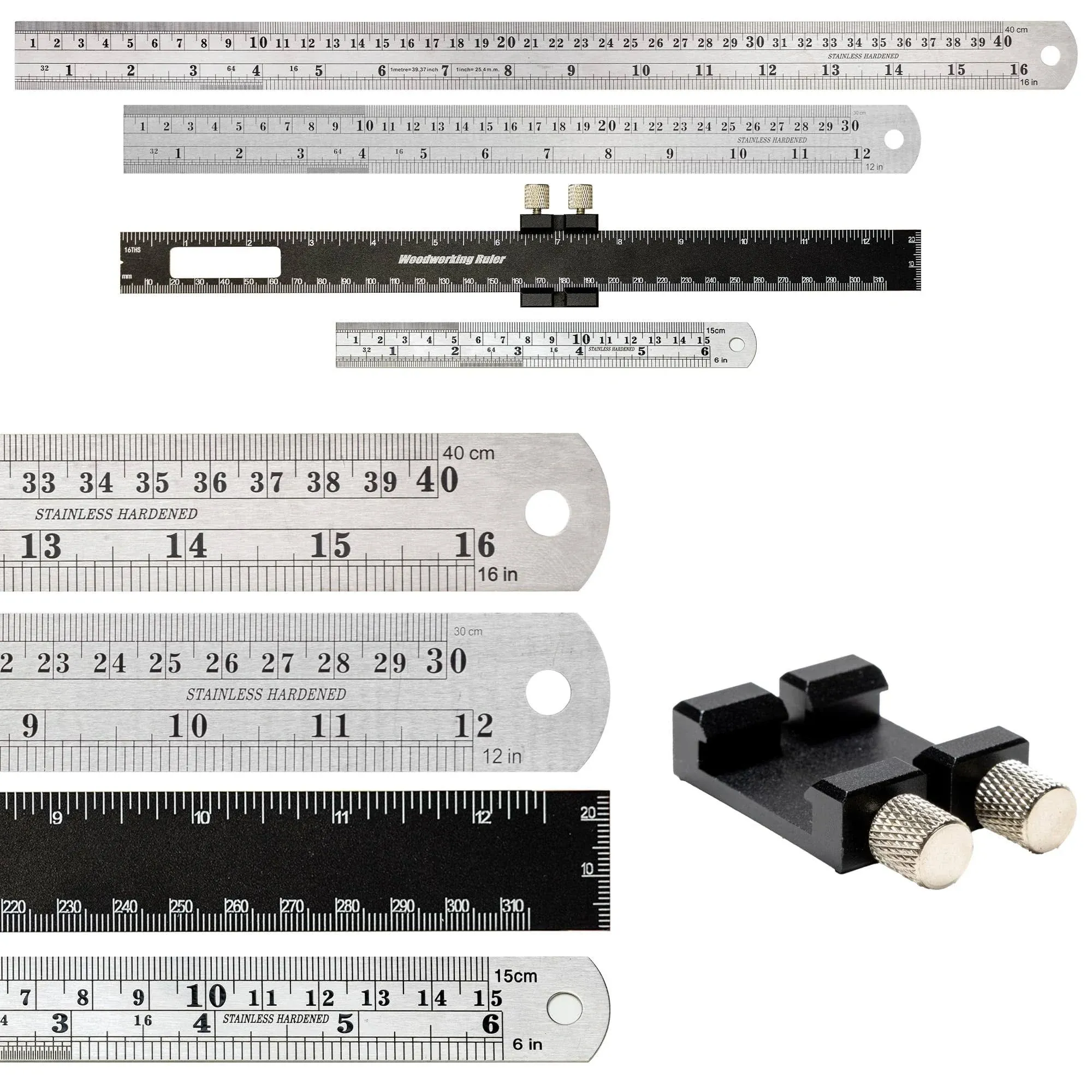 Nokko 4-Piece Woodworking Ruler Set - Woodworking Tools Bundle with 12 Inch Aluminum Slide Rule with Slide Stop, Plus 6", 12" & 16" Stainless Steel Metal Rulers - Etched Inch & Metric Markings