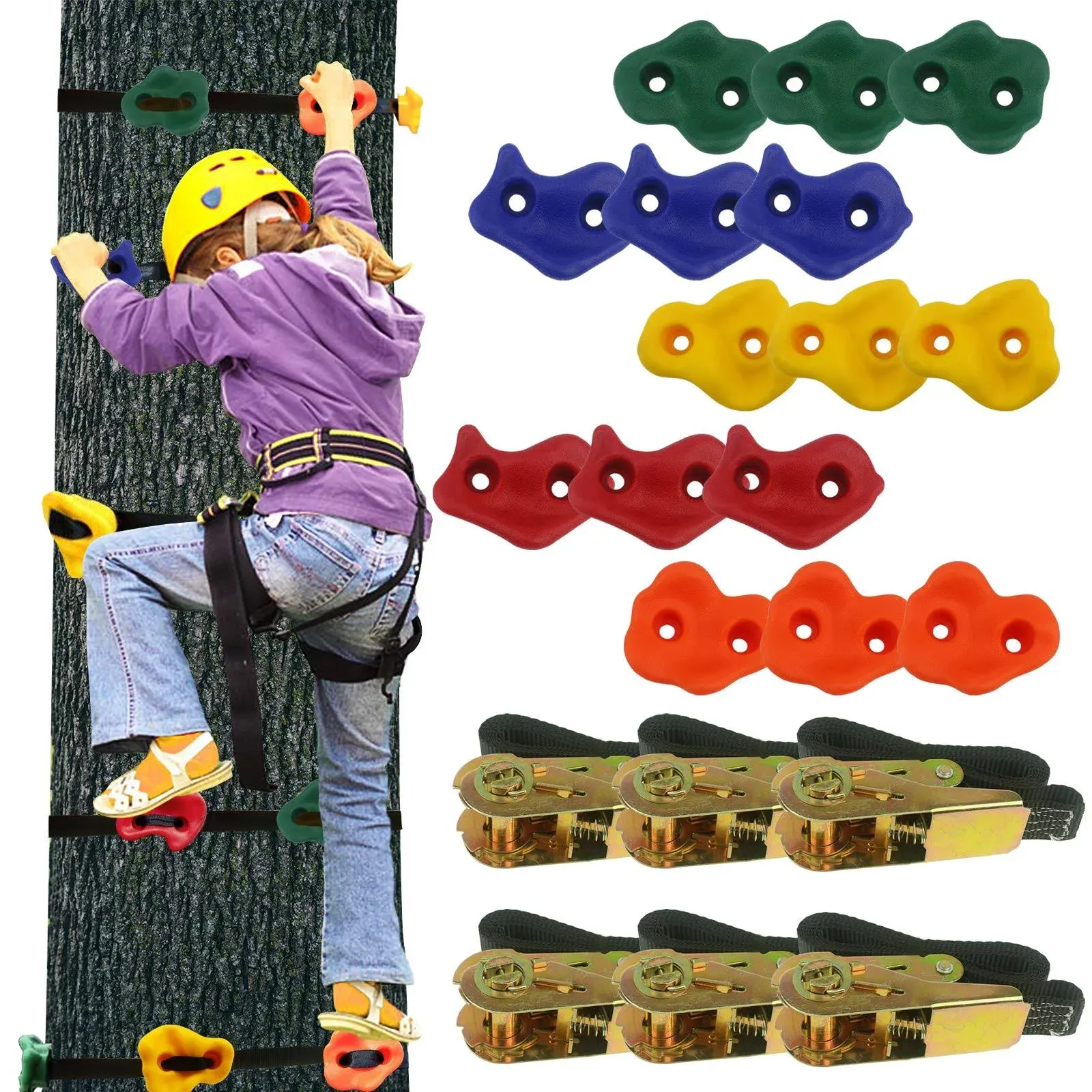 Ogrmar 15 Packs Ninja Tree Rock Climbing Holds Kits with 6 Ratchet Straps for Kids & Adults Outdoor Backyard Ninja Tree Warrior Obstacle Course Training