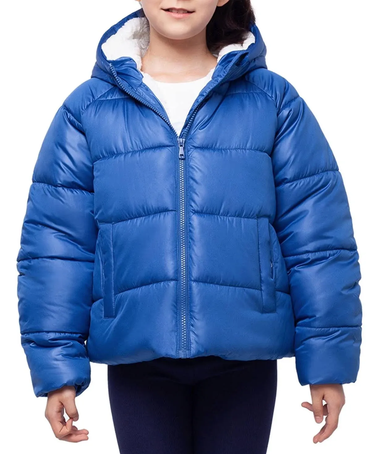 Rokka&Rolla Girls Heavyweight Puffer Jacket Sherpa Lined Bubble Coat - Indigo Blue