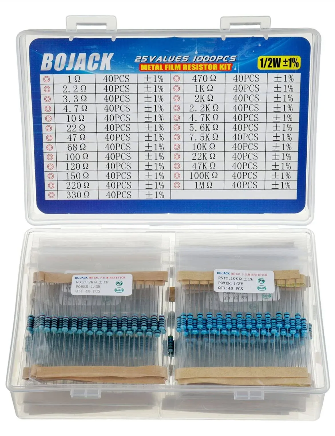 Bojack 1000 Pcs 25 Values Resistor Kit 1 Ohm-1M Ohm with 1% 1/2W Metal Film ...