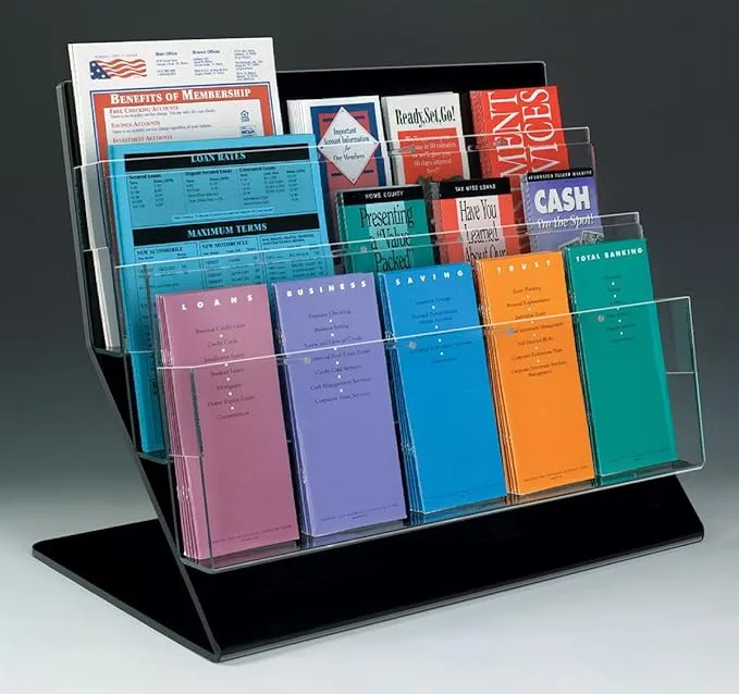 3 Tier Counter Literature Rack with 15 Adjustable Pockets - Clear Acrylic Front Brochure Stand