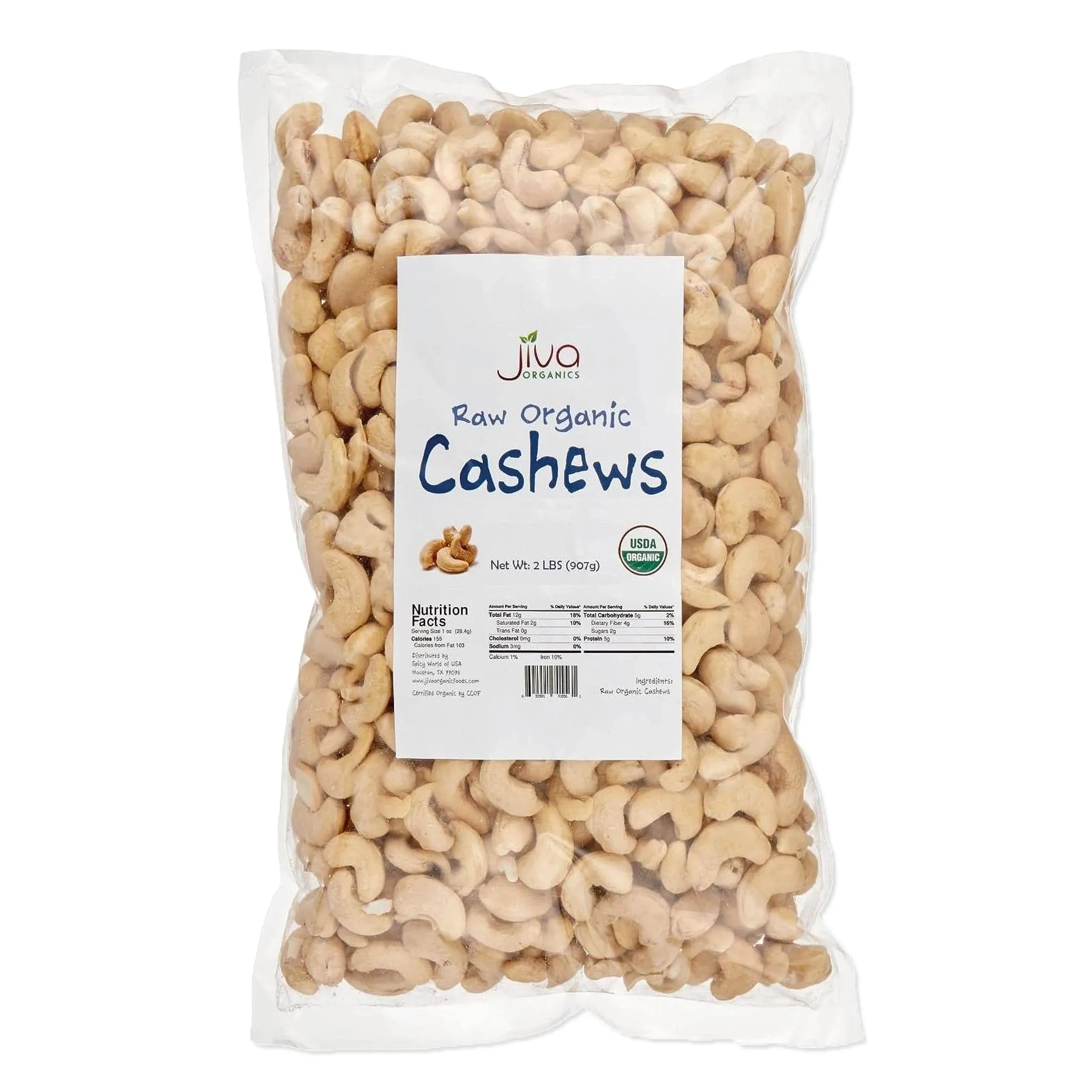 Jiva Organics Raw Organic Cashews (Whole) 2 Pound Bag